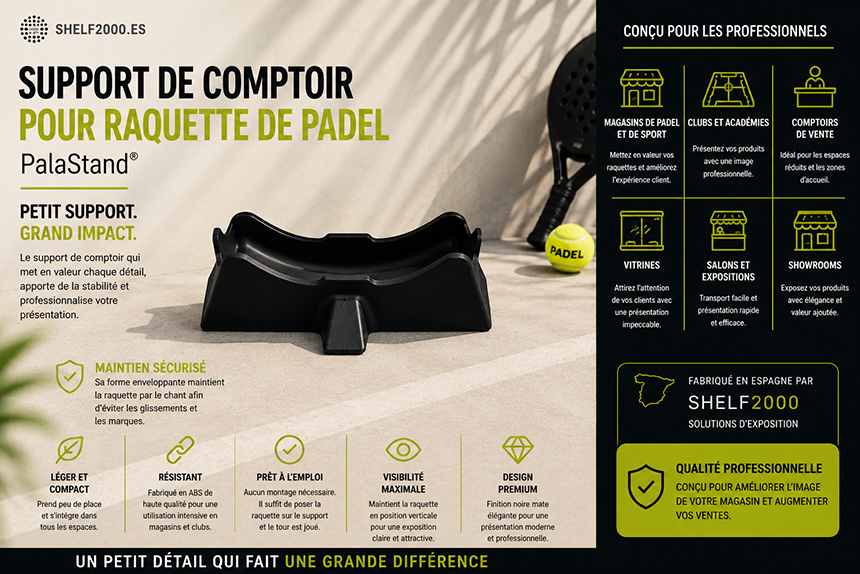 Infographie présentant le support de comptoir PalaStand en ABS avec ses principaux avantages, caractéristiques techniques et applications pour les magasins, clubs de padel, vitrines et espaces d'exposition professionnels.